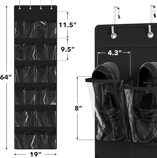 Simple Houseware 24 Pockets - Crystal Clear Over The Door Hanging Shoe Organizer, Black (64'' x 19'')