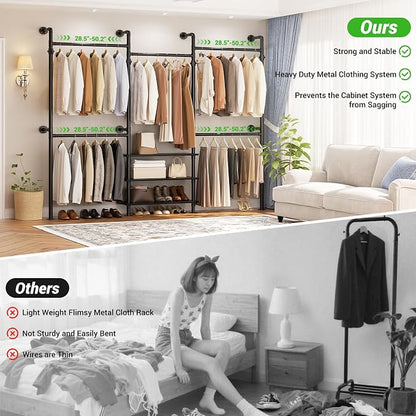 Aheaplus Expandable Industrial Pipe Clothing Rack, 7.3-10.9Ft Wall Mounted Closet System, Reversible L Shaped Clothes Rack for Hanging Clothes, Heavy Duty Corner Closet Wardrobe Garment Rack, Black