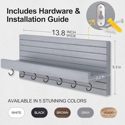 Decorative Key Holder for Wall with Shelf, Entryway Shelf with Hooks Holds Leashes, Jackets and Glasses – Sturdy Wood Keyholder Entrance Hanger with Mounting Hardware (Gray, Large)