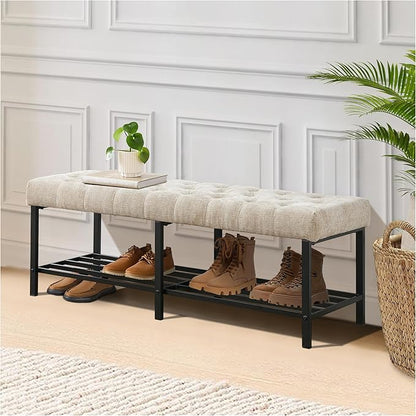 55.5" End of Bed Bench, Modern Chenille Button Tufted Bedroom Bench, Upholstered Storage Shoe Bench with Metal Base, Dinning Table Bench for Living Room, Bedroom, Entryway, Light Brown