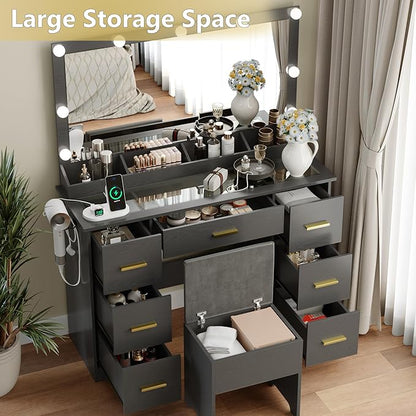 Makeup Vanity with Large Lighted Mirror and Chair, 7 Drawers Vanity Makeup Desk Table with Power Strip, Adjustable Lighting, and Cushioned Storage Stool for Women, Girls