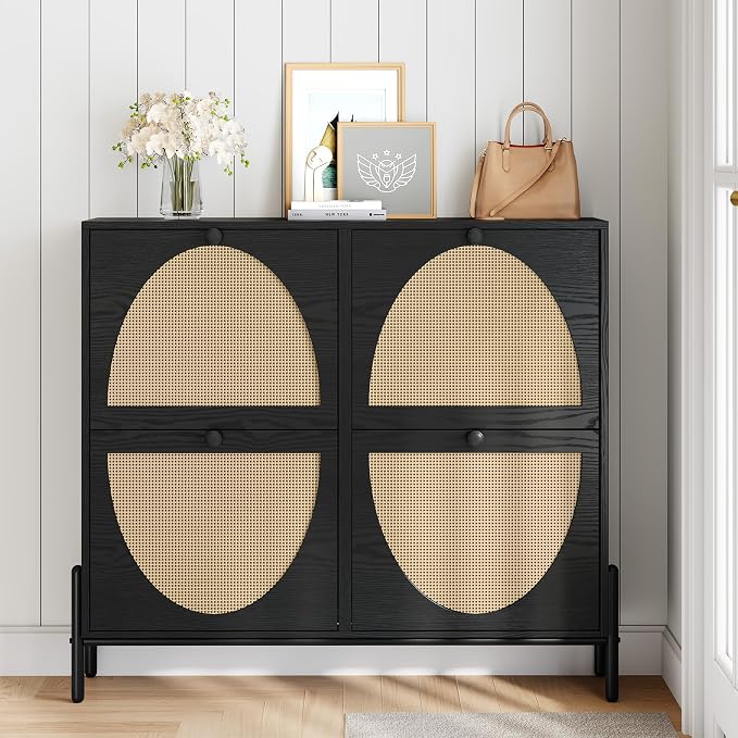 IRONCK Rattan Shoe Cabinet Storage with 4 Flip Drawers, Freestanding Shoe Storage Organizer Cabinet for Entryway, Narrow Shoe Rack Cabinet, Matte Black