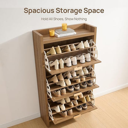 SICOTAS Rattan Shoe Storage Cabinet with 6 Flip Drawers, 57.4" Tall Shoe Organizer Cabinet for Entryway, Holds 50 Shoes, Farmhouse Narrow Shoe Rack Cabinet for Foyer, Hallway, Oak, 2PCS