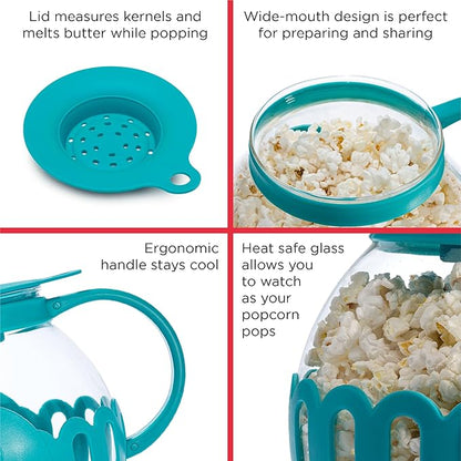 Ecolution Patented Micro-Pop Microwave Popcorn Popper with Temperature Safe Glass,3-in-1 Lid Measures Kernels and Melts Butter,Made Without BPA,Dishwasher Safe,1.5-Quart,Teal,(Pack of 4)