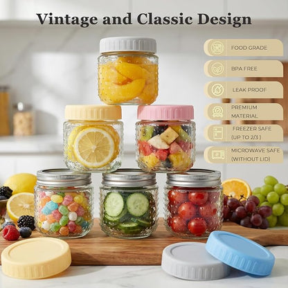 CycleMore 8oz - 8 Pack Mason Jars, Hobnail Design Canning Jars with Silver Metal & Colorful Plastic Lids, Glass Storage Jars for for Storing, Jam, Pickling, Crafts, Home Decor & DIY Gifts