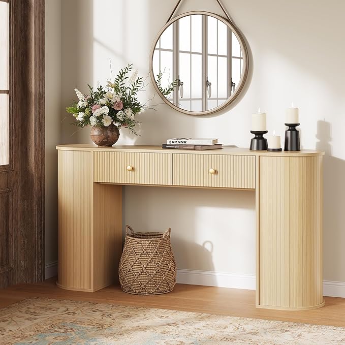 59" Fluted Console Table with 2 Drawers - Wood Entryway Table with Storage, Long Modern Sofa Tables Behind Couch with Curved Leg for Living Room, Entry, Hallway, Entrance, Foyer, Natural