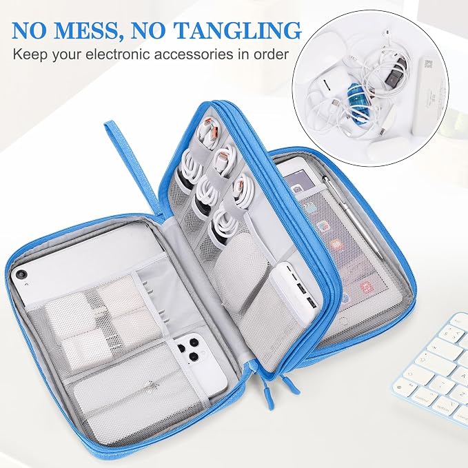 FYY Electronic Organizer, Extra Large Travel Cable Organizer Bag Pouch Portable Waterproof Double Layers All-in-One Storage Bag for iPad, Cable, Power Bank, Laptop Charger for Office/Home, Cyan