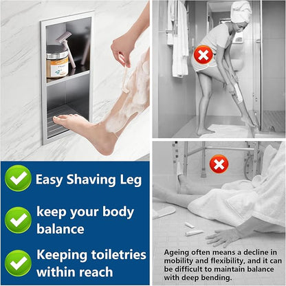 Qeke Shower Foot Rest for Shaving Legs, 304 Stainless Steel Footrest Niche With Holder, Recessed Shower Niche, Brushed Nickel, 5.9" X 12.3"