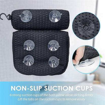 AEROiVi Luxury Bath Pillows for Tub，Bath Pillow Bathtub Pillows for Head and Neck Support Bath Cushion Made from Soft Spacer Mesh Material with Suction Cups,Black