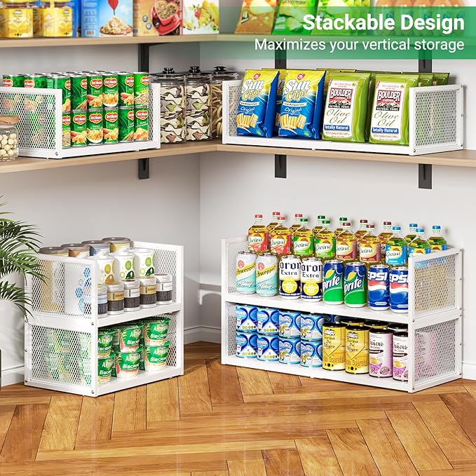 2 Pack Expandable Storage Cabinet, Stackable Pantry and Kitchen Organizers Shelf, Countertop Cabinet Storage Shelves Organizers, Spice Rack, Metal Storage Bins for Spice Can Plate Mug Cups, White