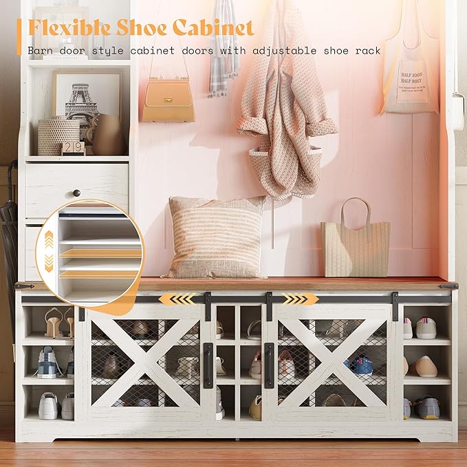 AMERLIFE 7-in-1 Farmhouse Hall Tree with Bench and Shoe Cabinet, LED Entryway Organizer with 2 Drawers, 12 Shoe Cubbies & Barn Doors, 7 Coat Racks with Shoe Storage, Rustic White