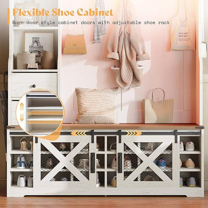 AMERLIFE 7-in-1 Farmhouse Hall Tree with Bench and Shoe Cabinet, LED Entryway Organizer with 2 Drawers, 12 Shoe Cubbies & Barn Doors, 7 Coat Racks with Shoe Storage, Rustic White
