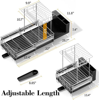 Delamu 2 Tier Dish Drying Rack, Large Dish Racks for Kitchen Counter, Stainless Steel Multifunctional Dish Drainer with Cutlery & Cup Holders, Extendable from 13.4 to 28.7 in, Black