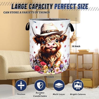 Cute Highland Cow Laundry Basket Foldable Oxford Cloth Cows Animal Laundry Hamper With Handle Clothes Storage Organizer Basket 18.9"x16.5" Storage Bag For Laundry Room/Bathroom/Bedroom/Dormitories