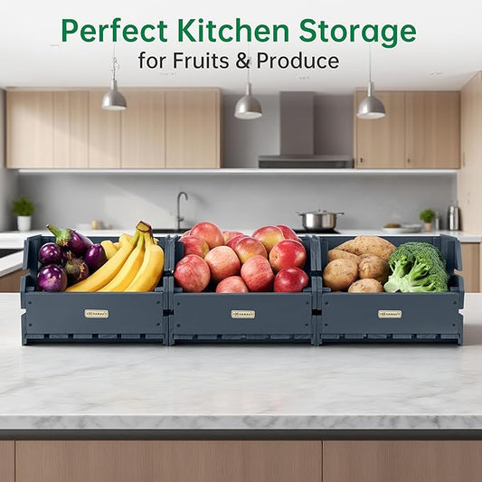 Wood Potato Onion Storage Bins - Wooden Stackable Produce Basket - Fruit Vegetable Storage for Kitchen Pantry Organization, Set 3 Pieces