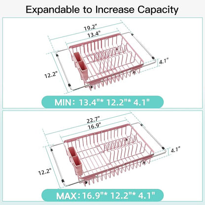 JASIWAY Pink Expandable Stainless Steel Dish Drying Rack Over The Sink for Small Kitchen, Counter Space Saving Compact Plate Drainer Strainer, Adjustable Hanging Metal Dish Dryer with Utensil Holder
