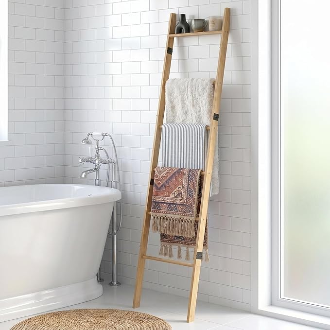 6 Tier Blanket Ladder with Shelf, Wooden Blanket Rack for Living Room, Leaning Towel Ladder Rack for Bedroom, Bathroom, Quilts, Throws, Towels and Farmhouse Décor