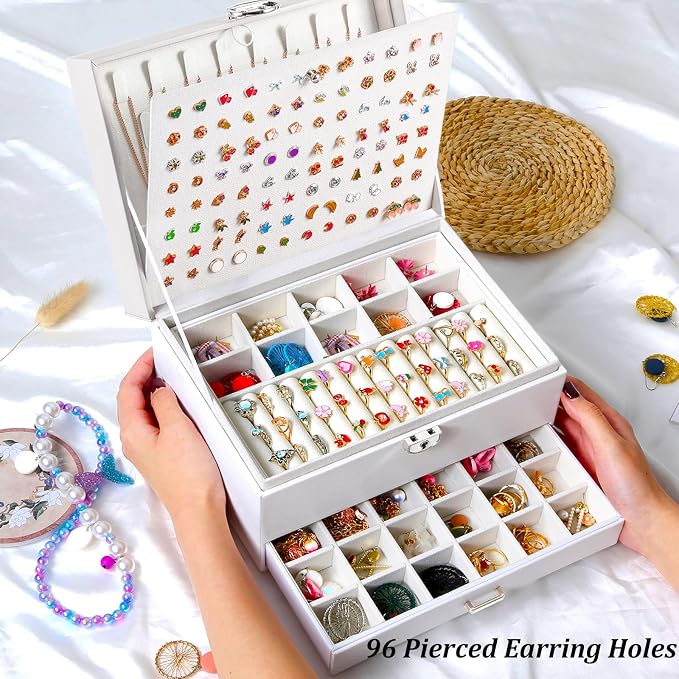 QBestry Earring Jewelry Box for Women Girls Stud Organizers, 5 Layers White Jewelry Organizer Box with Lock Necklaces and Earrings Holder Jewelry Box with Earring Organizer for Women Girls Xmas Gifts