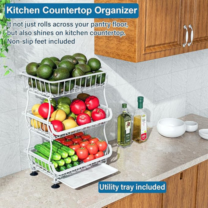 OKZEST 3-Tier Rolling Pantry Floor Organizer and Storage Cart with Wheels, Stackable Wire Pantry Baskets for Pantry Shelves, Kitchen Storage Rack and Fruit Basket Stand for Fruit Snack Onion Potato