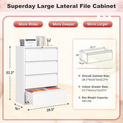 Superday Lateral File Cabinet 4 Drawer Metal File Cabinet with Lock, White Filing Cabinets for Home Office, Locking Filing Cabinets Hanging Files Letter/Legal/F4/A4