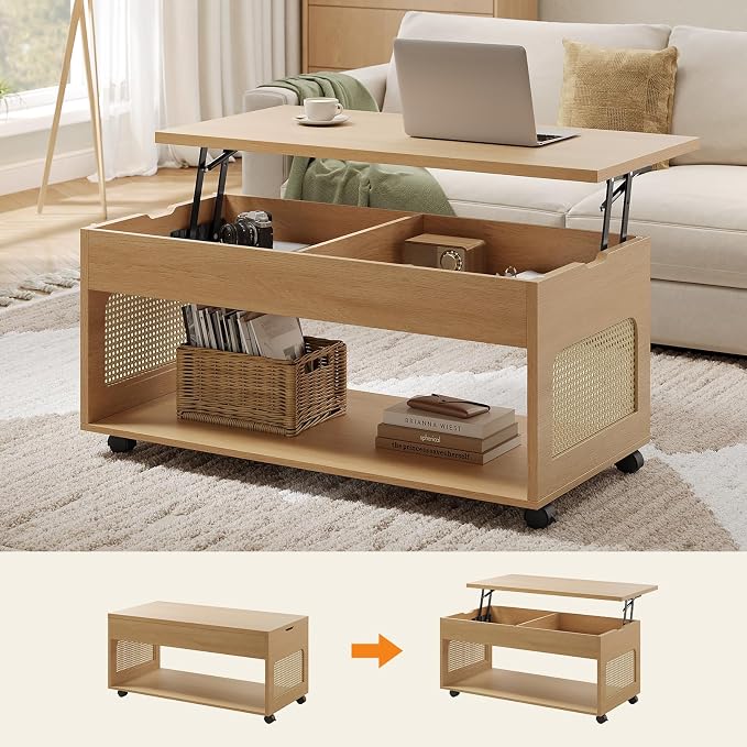 Sikaic Lift Top Coffee Table with Storage, Boho Rattan Convertible Coffee Tables with Lockable Wheels, Hidden Compartment and Open Shelf, Center Table for Living Room, Bedroom, Dining Room, Natural