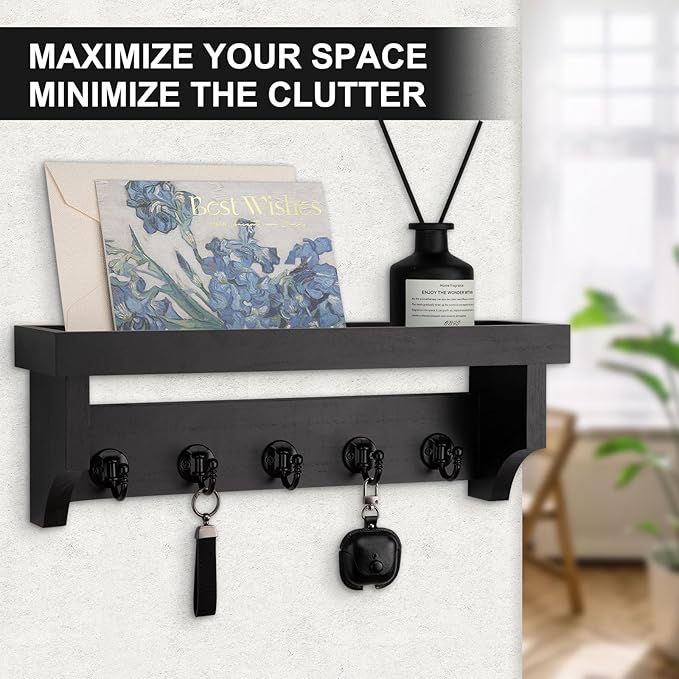 Key and Mail Holder Wall Mount, Key Holder with Shelf and Mail Organizer Wall Mount. Mail Holder with 5 Hooks for Coat, Dog Leash, Home Decor Rack, Entry Way Organizer (Black)