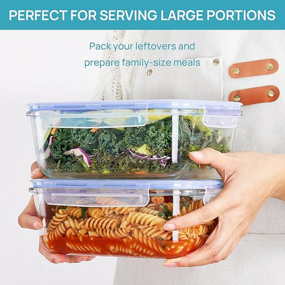 Vtopmart 2Pack 1860ml/63oz Large Glass Storage Containers with Lids, Meal Prep Food Container Set with Snap Airtight Lid for Baking, Microwave, Oven, Leak Proof, for Freezer, Dishwasher, Blue