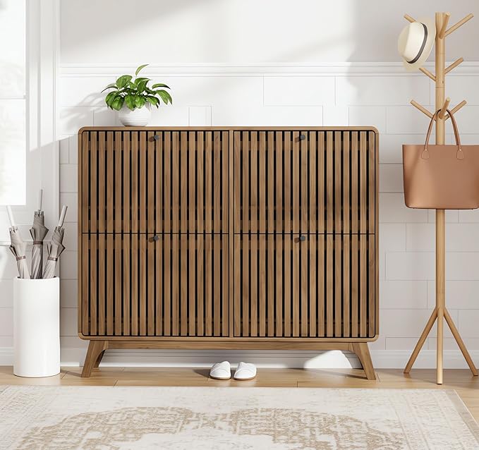 Large Shoe Cabinet for Entryway, Bamboo Narrow Shoe Cabinet Storage with 4 Flip Drawers, Slim Fluted Shoe Rack Organizer for Entry Way, Hallway, Thin, Skinny, Wood, Walnut