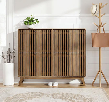 Large Shoe Cabinet for Entryway, Bamboo Narrow Shoe Cabinet Storage with 4 Flip Drawers, Slim Fluted Shoe Rack Organizer for Entry Way, Hallway, Thin, Skinny, Wood, Walnut