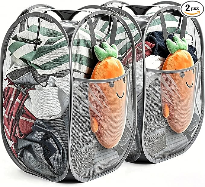 HOUSE AGAIN 2 Pcs Pop Up Laundry Hamper, Strong Mesh Laundry Baskets Collapsible, Hamper with Handles and Side Pocket, Portable Foldable Dirty Clothes for Dorm, Laundry room and Travel Storage, Grey