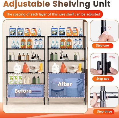 BestOffice | 6-Tier Wire Storage Shelves with Wheels | 18x45x82 | Black | Adjustable Racks | Heavy-Duty Metal Shelf, Holds Upto 2100 lbs | No-Tool Assembly | Ideal for Home & Garage Shelving