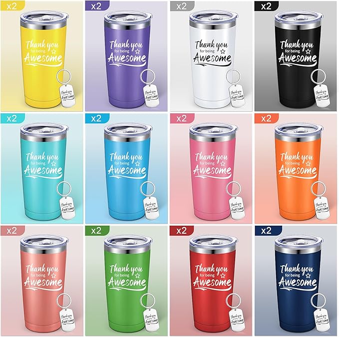 Sieral 48 Pieces Thank You for Being Awesome Tumbler, Thank You Supplies for Women Men 20oz Insulated Stainless Steel Travel Tumbler with Lid and Straw Appreciation Gift with Keychain (Multicolor)