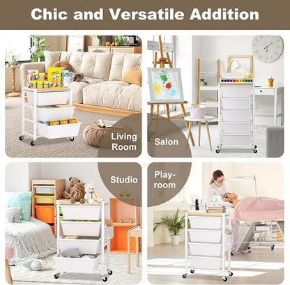Rolling Cart with Drawers, Rolling Storage Cart with 4 Large Plastic Drawers & Wooden Tabletop, Utility Cart with Pegboards & Basket, Storage Drawers Cart for Living Room, Classroom, Bedroom, Office