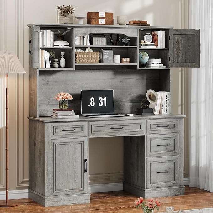 67" H Farmhouse Executive Desk with Hutch. Wood Workstation with 5 Drawers, Storage Cabinet, File Drawers and Charging Station, Ideal as Office Desks, Computer Desk for Home Office and Study.Gray