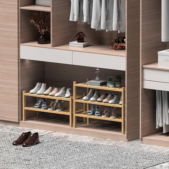 ROMGUAR CRAFT (Thick Bamboo Shoe Rack for Entryway, 2-Tier Free Standing Shoe Racks Stackable Shoe Rack Organizer for Hallway Closet Living Room 27 x12 x14 Inches