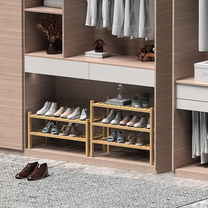 ROMGUAR CRAFT (Thick Bamboo Shoe Rack for Entryway, 2-Tier Free Standing Shoe Racks Stackable Shoe Rack Organizer for Hallway Closet Living Room 27 x12 x14 Inches