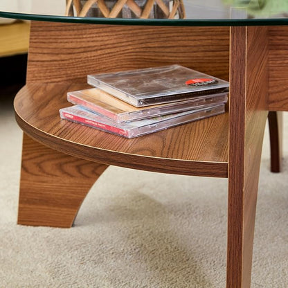 LKTART 31.5" Round Glass Coffee Table with Tempered Glass Top and MDF Base, Diagonal Fan-Shaped Tray Design Table Leg Simple & Modern Center Table for Living Room Office Apartment Walnut