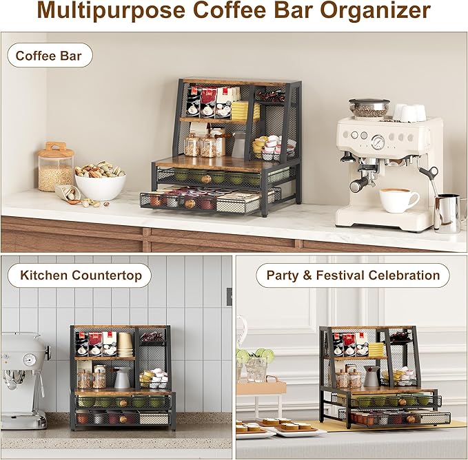 TQVAI Coffee Bar Organizer, Maximize Small Countertop Space, 70 Standard Capsules Capacity with Sliding Pods Drawer, 4-Tier Coffee Station Organizer for Home Kitchen Office Commercial