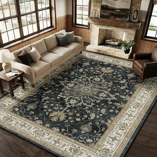 RELEANY Area Rugs 8'x10' Washable Non-Slip, Floral Vintage Distress Medallion Carpet for Living Room Bedroom Dining Room, Vintage Black Brown Neutral