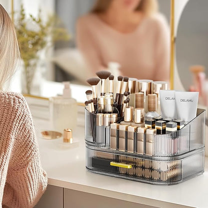 Delamu Makeup Organizer for Vanity with Stackable Drawers, 360 Rotating Makeup Brush Holder Large Cosmetic Display Case, Bathroom Skincare Storage, Crystal Black, Ideal Christmas Gifts for Girls