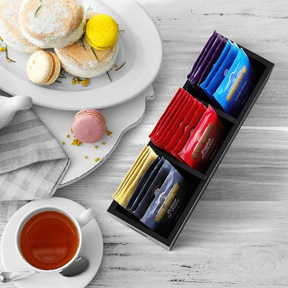 DRASTAR Tea Bag Organizer, Black Wooden Tea Bag Holder, Tea Storage Containers with 3 Slots, Sugar Packet Holder, Tea Bag Caddy Box for Countertop