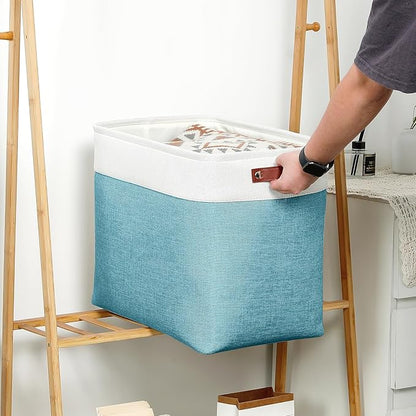 DULLEMELO Extra Large Storage Baskets, Fabric Storage Bins for Organizing Shelves Nursery Toys Books, Closet Baskets and Bins with Handles, White&Teal, 2-Pack