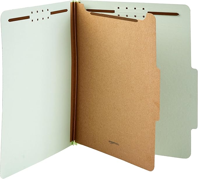 Amazon Basics Classification File Folders, 1 Divider, 2-Inch Embedded Fasteners, Letter Size for Documents, Light Green, 20-Pack