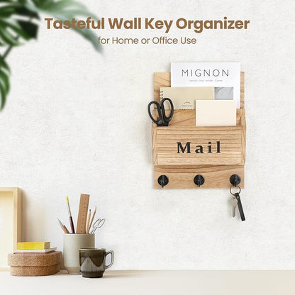 Mail and Key Holder - Decorative 8.86" x 11.42" Wall Key Hanger with 2 Mail Organizer Slots and 3 Hooks - Real Paulownia Wood with Keyhole Brackets, Hardware and Instructions (Wood)