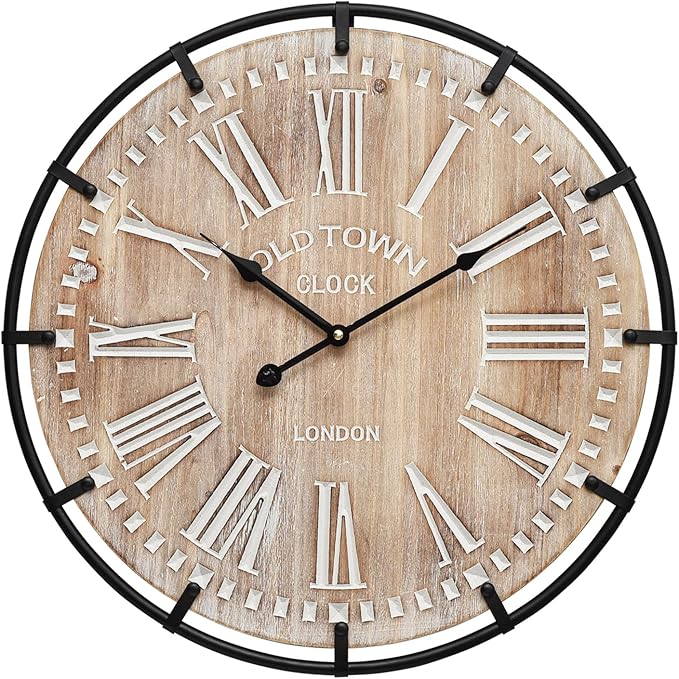 MICWIC 20 Inch Grand Farmhouse Wall Clock, Vintage-Inspired Wood & Metal Design with Large Etched Numbers, Silent Battery-Powered Timepiece for Offices, Kitchens, Bedrooms, and Living Rooms