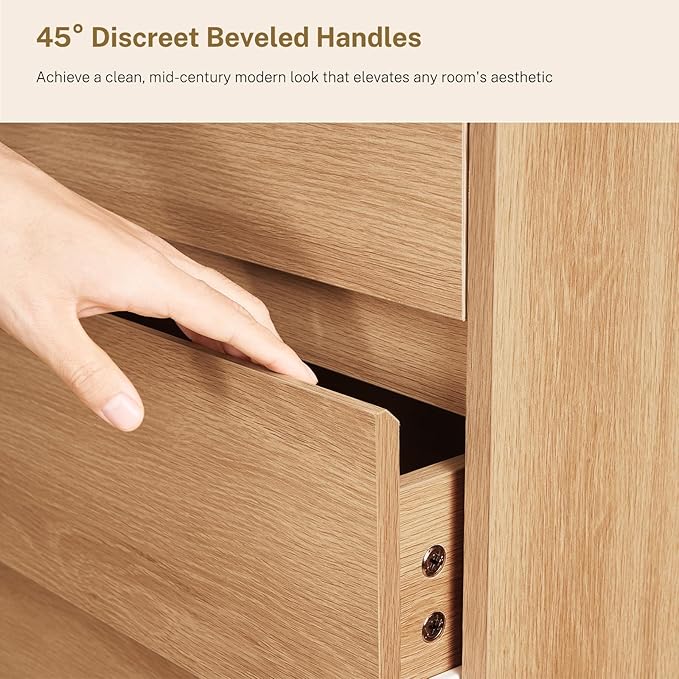 TEENFON Tall Dresser for Bedroom with 6 Drawers, 49.2" Tall Dressers & Chest of Drawers with Curved Profile Design, Wood Closet Storage Dressers Organizer for Bedroom, Living Room, Natural