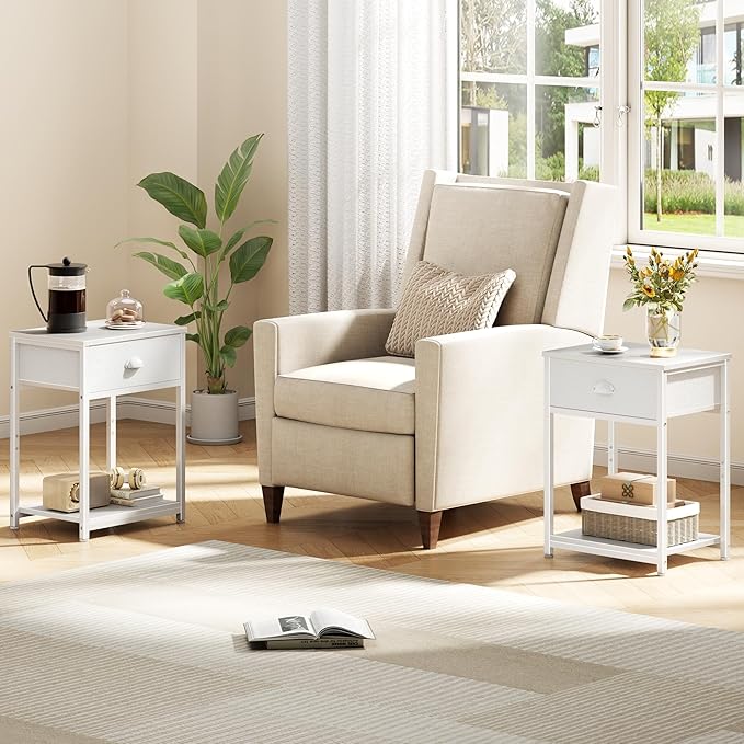 Furologee White Nightstands Set of 2, End Table with Fabric Drawer, Small Side Table for Small Spaces, 2 Tiers Storage Shelves End Table, Bedside Table for Living Room, Bedroom, Dorm