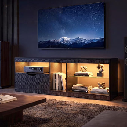 JUMMICO TV Stand, Entertainment Center LED Gaming TV Stand for 65+ Inch TV Carbon Fiber Top, Dynamic RGB Modes TV Cabinet Console with Adjustable Glass Shelves Storage Drawers (Black)
