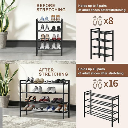 4-Tier Expandable Shoe Rack, Adjustable Shoe Shelf Storage Organizer Heavy Duty Metal Free Standing Shoe Rack for Entryway Closet Doorway (Black)