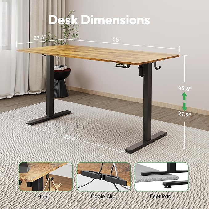 Large Electric Standing Desk,55x28 Inches Adjustable Height Stand up Desk, Sit Stand Home Office Desk, 3 Preset Heights,Equipped with Hooks,Ergonomic Computer Desk Workstation，Brown